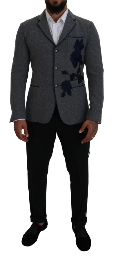 DOLCE & GABBANA DOLCE & GABBANA ELEGANT GRAY WOOL BLAZER WITH BLUE ROSE MEN'S EMBROIDERY