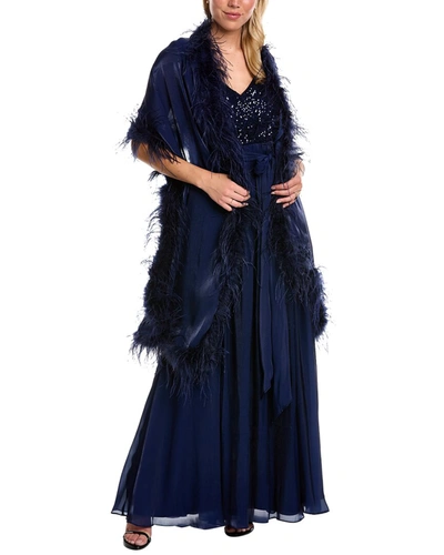 Badgley Mischka Feather Wrap Gown In Blue