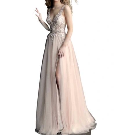 Jovani Long Sleeveless Prom Dress In Nude In Silver