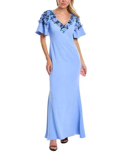 Badgley Mischka Embellished Flutter-sleeve A-line Gown In Blue