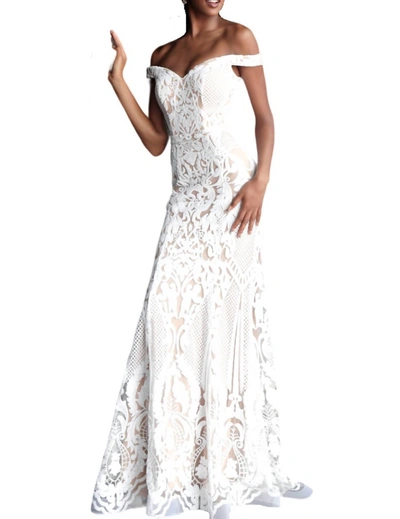 Jovani Off-the-shoulder Long Party Dress In White/nude In Multi