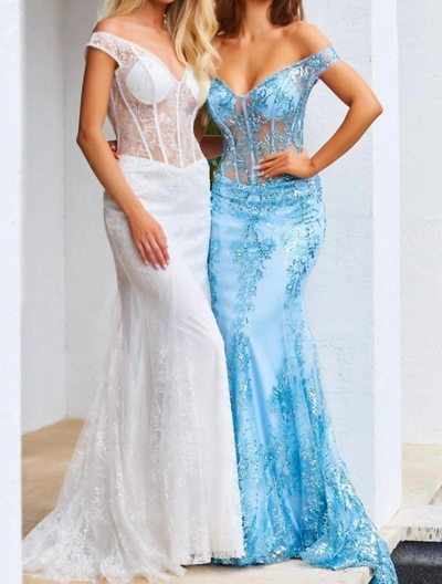 Jovani Off The Shoulder Corset Mermaid Prom Dress In White In Blue
