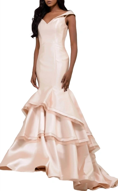 Jovani Fitted Off The Shoulder Prom Dress In White In Beige