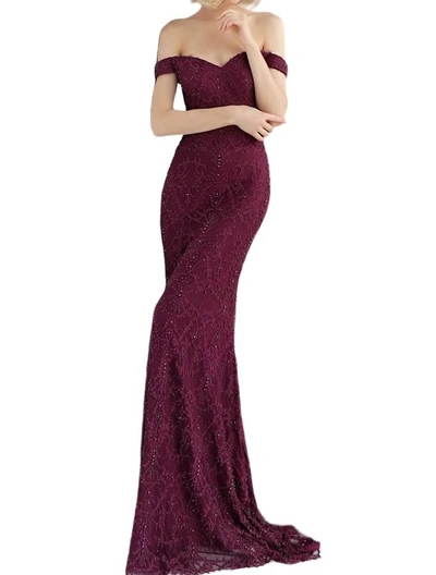 Jovani Off Shoulder Dress With Ruffled Bottom In Burgundy In Pink