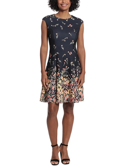 London Times Petites Womens Floral Print Knee Length Fit & Flare Dress In Black