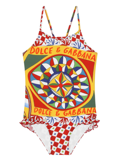 Dolce & Gabbana Kids' Carretto Print Swimsuit In Red