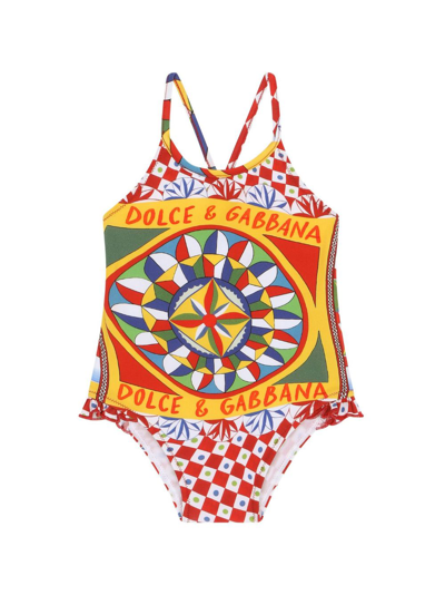 Dolce & Gabbana Babies' Logo-print Ruched-detailing Swuimsuit In Multicolour