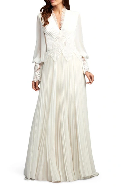 Tadashi Shoji Lace Embroidered Long Sleeve Chiffon Gown In Ivory/ Petal