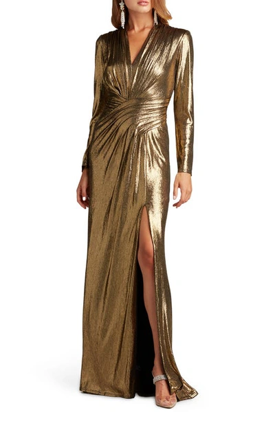 Tadashi Shoji Ruched Metallic Jersey Column Gown In Bronze