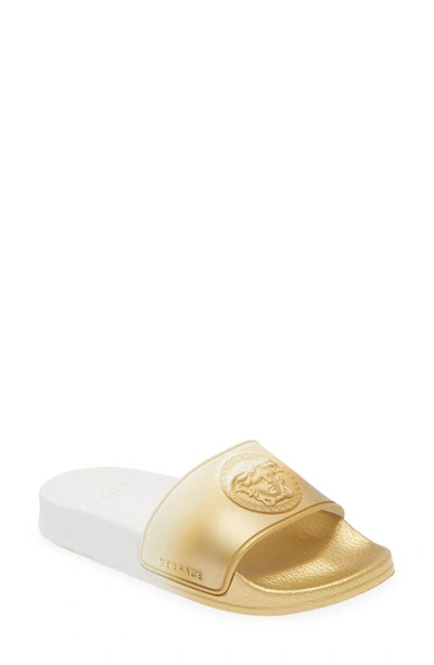 Versace Kids' Ombré Metallic Slide Sandal In White/ Gold