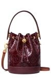 Tory Burch T Monogram Mini Embossed Patent Leather Bucket Bag In Albarossa
