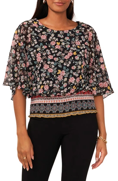 Chaus Smocked Floral Top In Black
