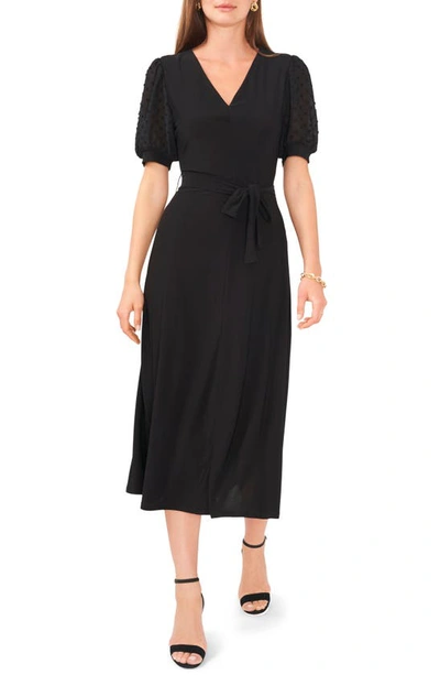 Chaus Clip Dot Sleeve Tie Waist Midi Dress In Black