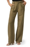 Paige Dallas Pleated High Waist Wide Leg Linen Blend Trousers In Army