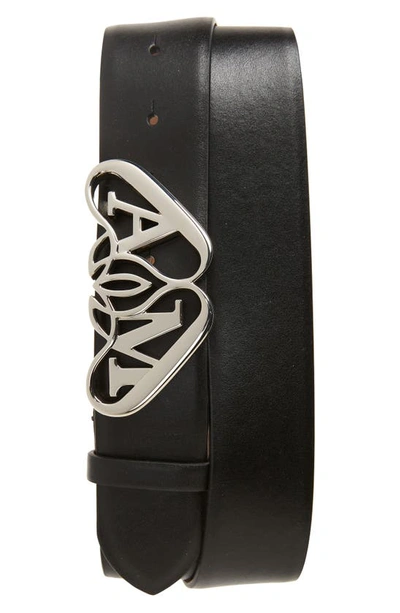 Alexander Mcqueen Seal Buckle Leather Belt In Black