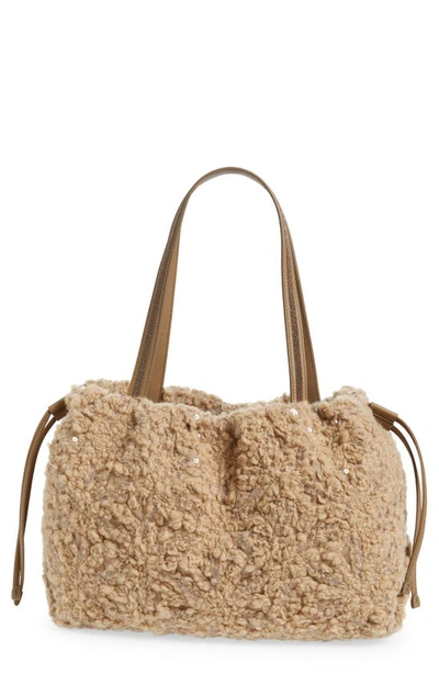 Camel textured faux leather and boucle tote bag