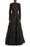 JASON WU COLLECTION FLORAL EMBROIDERY LONG SLEEVE SILK ORGANZA A-LINE GOWN