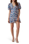 Astr Floral Puff Sleeve Cutout Dress In Blue Pink Floral