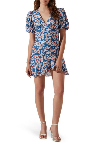 Astr Floral Puff Sleeve Cutout Dress In Blue Pink Floral