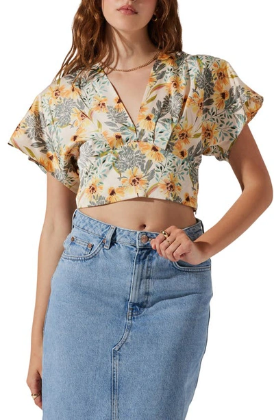 Astr Tie Back Crop Satin Blouse In Cream Yellow Floral