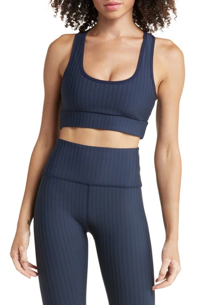 Beyond Yoga Work It Over Longline Sports Bra In Nocturnal Navy