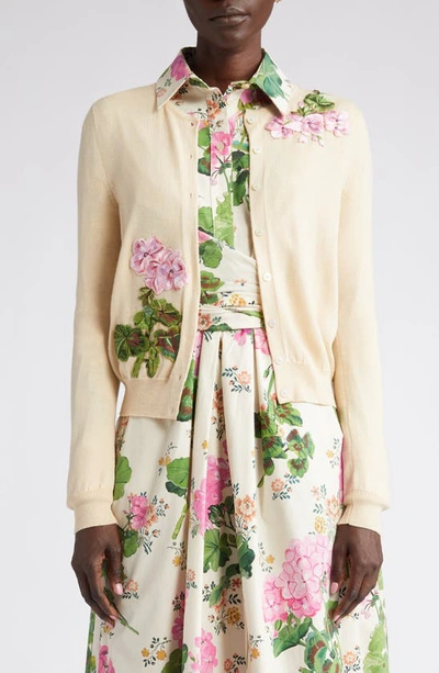 Oscar De La Renta Geranium Threadwork Cardigan In Beige