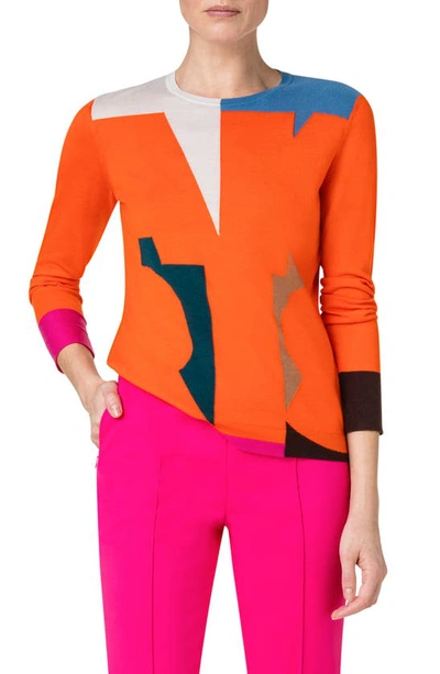 Akris Wool-blend Knit Sweater With Colorblock Intarsia Detail In Coral Multicolor
