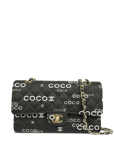 Pre-owned Chanel 2002 Coco-print Double Flap Shoulder Bag In Black