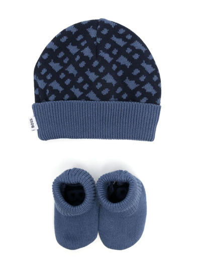 Bosswear Babies' Geometric Intarsia Hat And Slippers Set In Blue