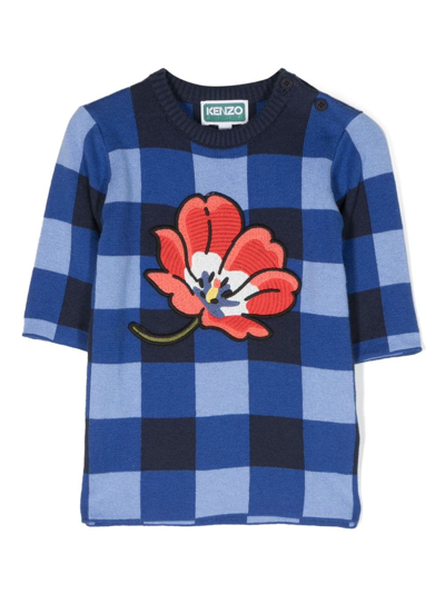 Kenzo Babies' 格纹印花连衣裙 In Blue