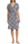 Loveappella Short Sleeve Faux Wrap Dress In Navy/ Ivory
