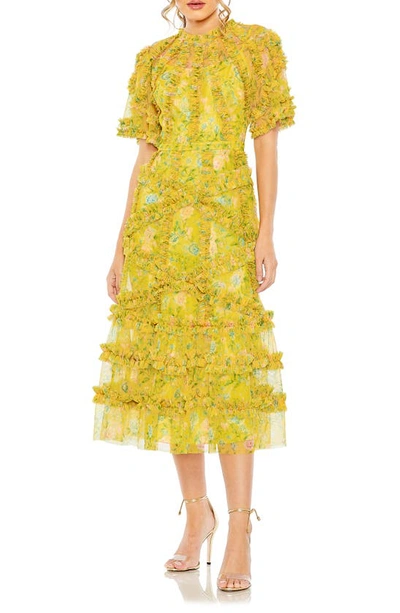Mac Duggal Floral Flutter Sleeve Mesh Print Dress In Yellow Multi