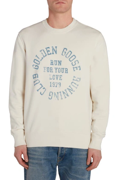 Golden Goose Journey Running Club Distressed Graphic Sweatshirt In Heritage White/ Spring Lake