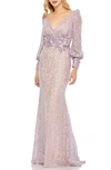 Mac Duggal Lace Long Sleeve V Neck Embelished Gown In Multi