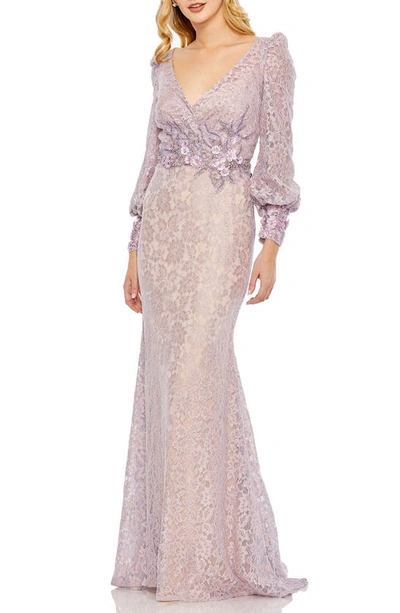 Mac Duggal Lace Long Sleeve V Neck Embelished Gown In Vintage Lilac