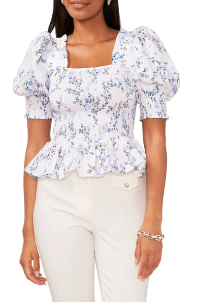 Chaus Puff Sleeve Smocked Peplum Top In White/ Pink/ Blue