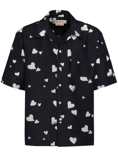 Marni Bunch Of Hearts Silk Habotai Printed Regular Fit Button Down Camp Shirt In Black,white