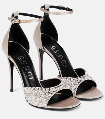 Gucci Crystal-embellished Satin Sandals In Beige
