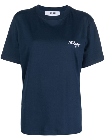Msgm Logo-embroidered Cotton T-shirt In Blue