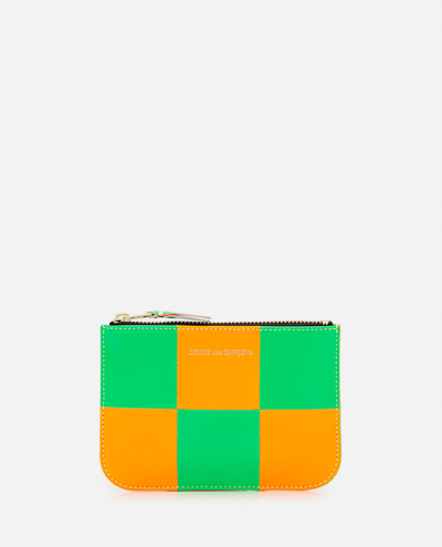 Comme Des Garçons Play Fluo Squares Leather Zip Wallet In Orange