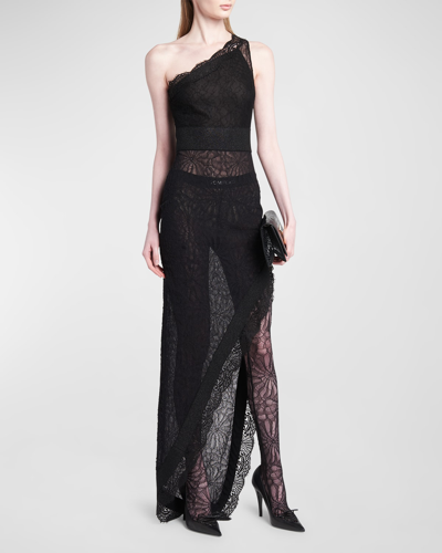 Tom Ford Intertwining Rose Chantilly Lace One-shoulder Gown In Black