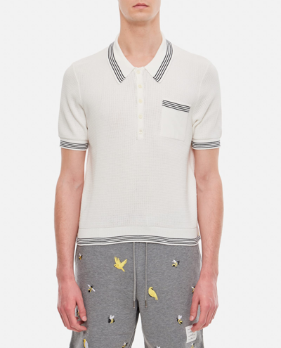 Thom Browne Waffle Stitch Cotton Tipping Stripe Short Sleeve Polo In White