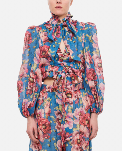 Zimmermann Tie-detailed Floral-print Ramie-voile Blouse In Tefl Teal Floral