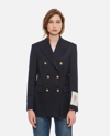 Golden Goose Blue Double-breasted Jacket With Peak Revers And Logo Plaque Detail In Blue