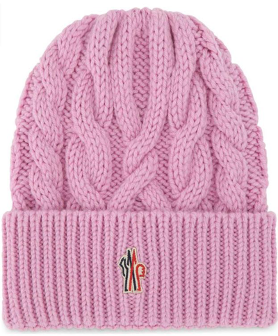Moncler Grenoble Logo Patch Ribbed Beanie In Pink