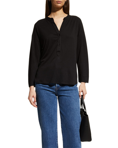 Majestic Lyocell Cotton Semi-relaxed 3/4-sleeve Henley Top In Noir