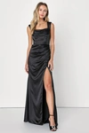 Lulus Stunning Arrival Black Satin Off-the-shoulder Maxi Dress In Black