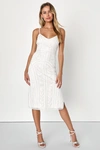 Lulus Alluring Interest White Sequin Embroidered Sleeveless Midi Dress In White