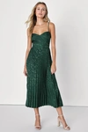 Lulus Regal Romance Emerald Floral Jacquard Pleated Satin Midi Dress In Green