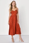 Lulus Regal Romance Rust Floral Jacquard Pleated Satin Midi Dress In Orange